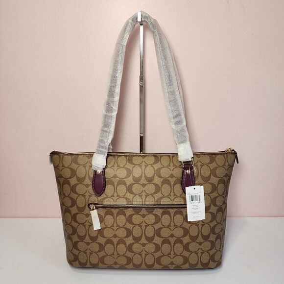 NWT COACH CH504 Gallery Tote in Signature Canvas & Leather Khaki Deep Berry - Picture 3 of 6